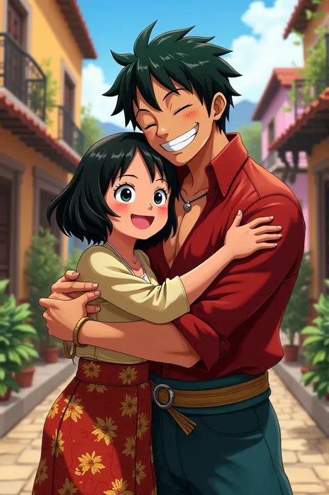 Short Bolivian girl, chubby body, hugging Zoro from one piece 