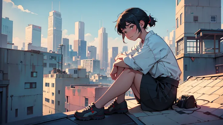 a woman sitting on a rooftop with a city in the background, a digital painting inspired by Atey Ghailan, trending on polycount, digital art, lofi artstyle, lofi art, in style of atey ghailan, lofi girl aesthetic, lofi hip hop, lofi girl, chillhop, girl sit...