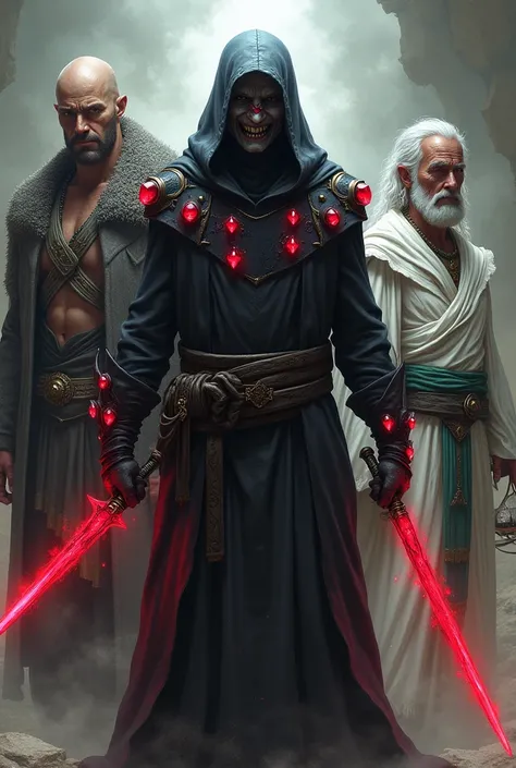 Create a group of people,a man with gray skin and a scar, with fangs, and will have dark hooded clothing with ruby crystals on its body, he will have two red daggers , and a super big titan with claws and bald. And an old man with white hair with red lines...