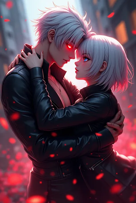 Create in 3d anime style a  handsome  boy looks like ghost rider with white hair and a blood cut on his hair and red eyes wearing smart leather jacket with a 17 years beautiful girl with white Short hair and blue colure eyes like yorha 2b and they both kis...