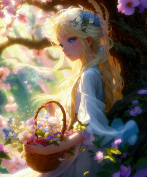 The goddess of spring, with long blond hair, blue eyes, white flowing dress, carrying a flower basket, comes out of the big tree house, surrounded by trees and flowers, bright colors, anime style, animation, illustration, 3d rendering
