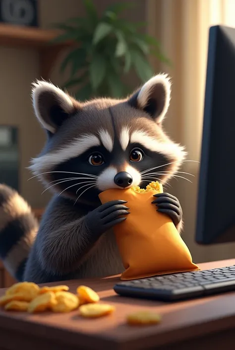 The raccoon is editing at home and eating chips.. 