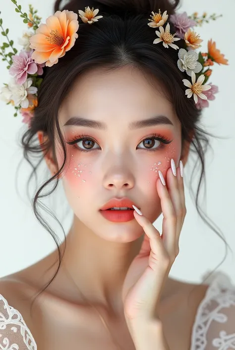 (photorealism:1.2), art woman, Art makeup on face, fancy small flower art hair, relaxed pose, realistic, intricate details, long nail art, advertisement, white background