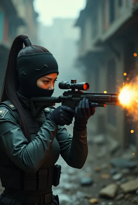 Create an image of a masked Chinese female sniper headshotting an enemy
