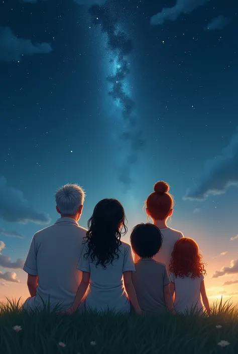 Create a realistic image of a family, They are sitting admiring the starry sky. This family has a white father with gray hair. The brunette mother with black curly hair tied up. A white daughter with loose curly hair. A brunette son with black hair and the...