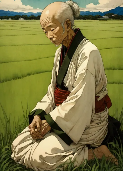 a old tattered beggar sit down the grass, impressionist painting style, detailed wrinkles, lush green grass, warm sunlight, soft focus, (Inspiration comes from: Takato Yamamoto), vibrant colors, loose brushstrokes, textured canvas, high detail, masterpiece