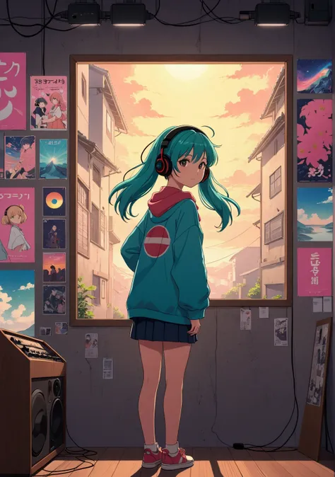 An anime character with headphones standing in front of a wall with 8 posters., lo-fi girl, Anime atmosphere, Lofi Artstyle, Anime Style 4k, Anime aesthetics, Nightcore, Lo-fi feel, Lofi Art, anime art wallpaper 4k, anime art wallpaper 4k, anime wallpaper ...