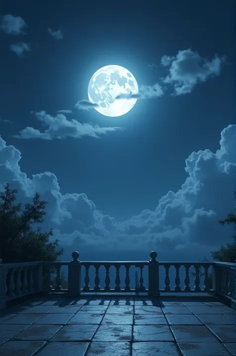 full moon surrounded with clouds on a terrace