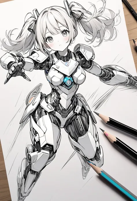 Portrait drawing of one girl,Drawing with black pencil,Pencil line drawing, pencil blur effect,The girl has beautiful twin-tails and a mechanical barrette.The girl is wearing flashy robot armor,Robot Armor Stylish robot armor that covers the whole body,The...