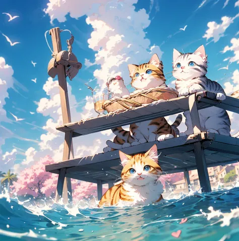 absurderes, ultra-detailliert,bright colour,(8K:1.5),masuter piece,Hearts fly,Bright scenery、For that, blue open sky,(Deep Blue Eyes:1.4) Valley、Pink skin、Summer morning、(Cats Paradise),