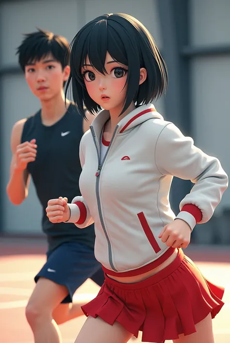 black haired girl, wearing a white sports jacket and a red sports skirt, and Jason wears tops