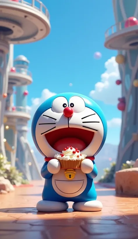 Doraemon was sent back home by the black hole, feeling happy and holding a cake in his hand.