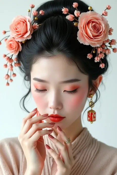 (photorealism:1.2), Oriental art woman, face with closed eyes, Strong art makeup for the face, fancy flower art hair, relaxed pose, realistic, intricate details, long nail art, advertisement, white background