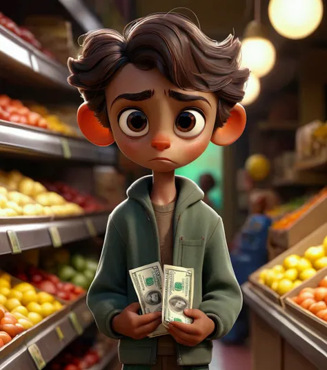 "A small boy, holding a single dollar, enters a store and stands before a shopkeep