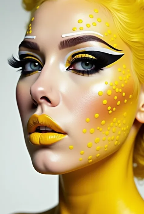 Crie uma Make de drag queen, do it in yellow and white tones, with yellow dots in the concave and an arched eyeliner