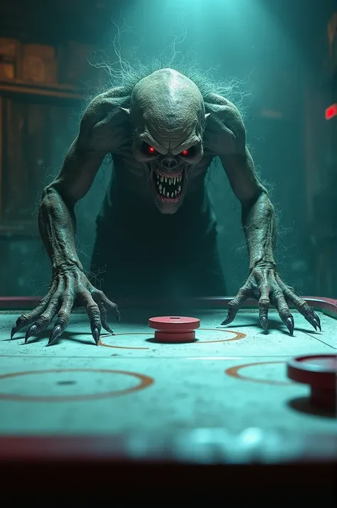 Horror character playing air hockey 