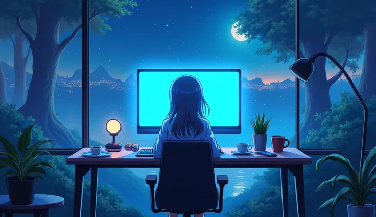 natta, computer desk, cup of coffee, stylish modern computer, illuminated screen, cold blue light, wall-paper, highy detailed, Anime Landscape