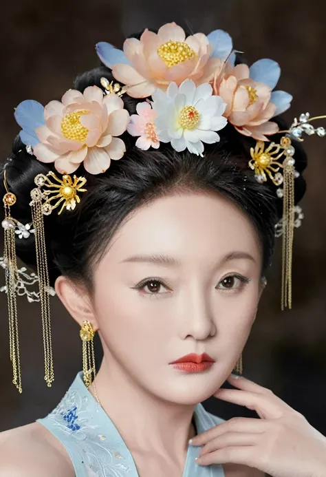 I am only a translate agent,  Empress of the Qing Dynasty, Wearing a large crown, She is completely naked, Showing off gorgeous large flowers and hairpins, She tied her hair up and pulled it up, 背景はEmpress of the Qing Dynastyの豪華な宮殿.