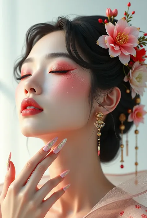 (photorealism:1.2), Oriental art woman, face with closed eyes, Strong art makeup for the face, fancy flower art hair, dyed hair, relaxed pose, realistic, intricate details, long nail art, advertisement, white background