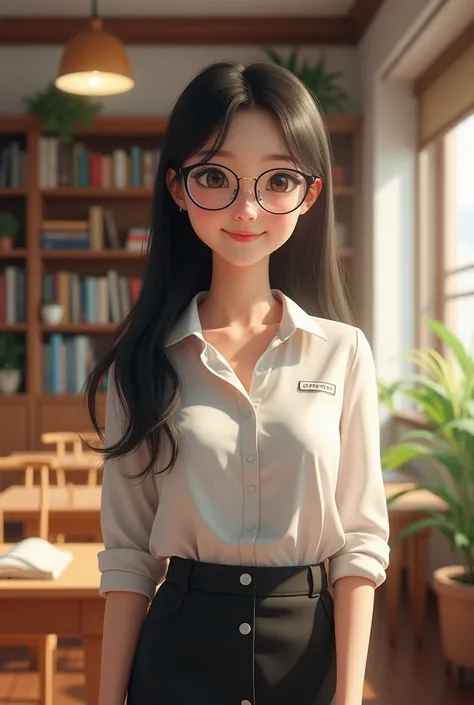 Create an image of an 18-year-old Asian female teacher wearing glasses, with a cute face, smiling. The image should be full-body, slightly revealing, and she should appear youthful.