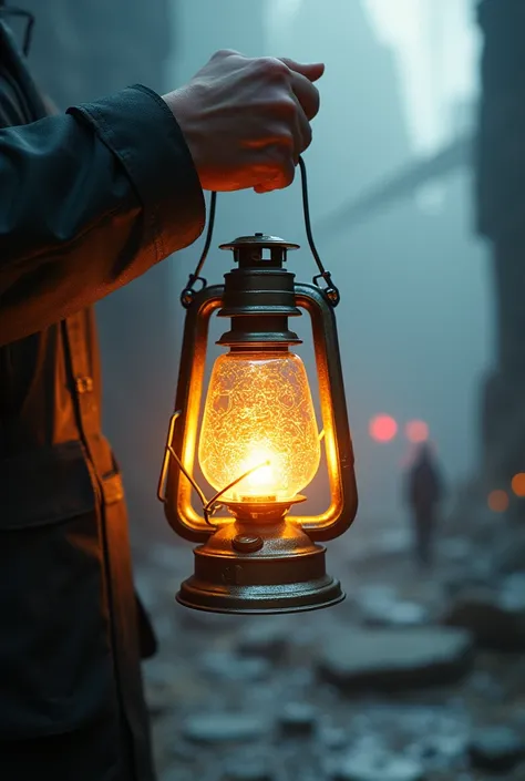 Futuristic lantern gripped in a hand

