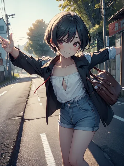 (​masterpiece、top-quality、hight resolution、Unity 8k、extremely details CG:1,Best Picture), flat chest, A girl is hitchhiking. She is standing by the roadside with her bag. The background is a desolate rural landscape, with long stretches of road, few trees ...