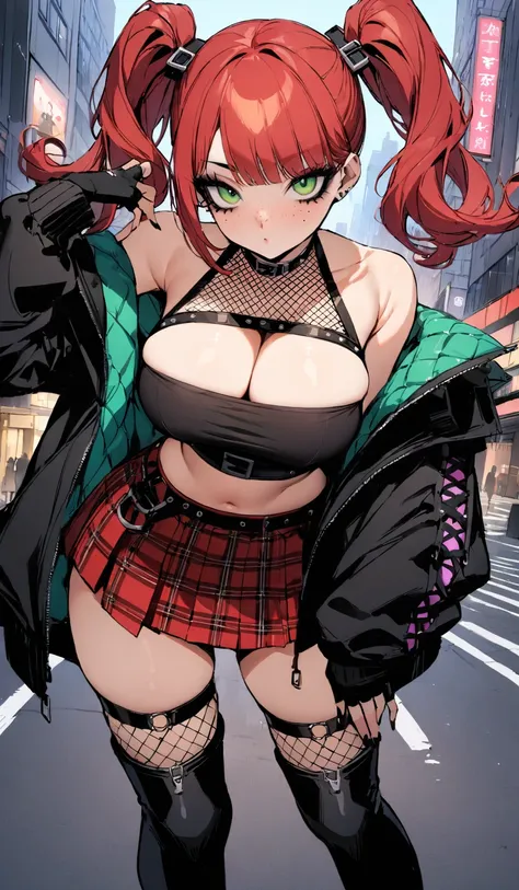 woman, curly red hair in pig tails, green eyes, black eyeshadow, long black jacket, red plaid skirt, black knee high boots, black fingerless gloves, exposed shoulders, large breasts, freckles, looking at viewer, masterpiece, best quality, Holo-Punk Style, ...