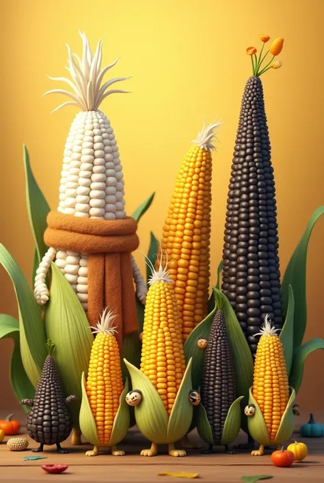 A corn with a scarf
A white corn
A dwarf corn
A fat corn
A thin corn
Three black corns
Three corns with wigs
A tall corn 