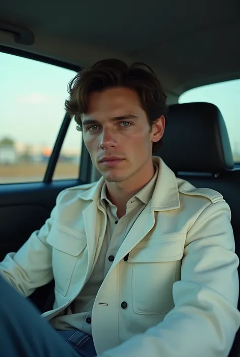 Actor Tom Holland sitting in the back seat of a car, wearing a white regatta