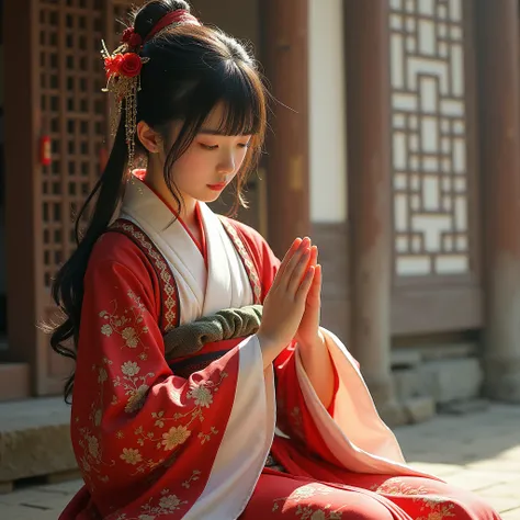 A shrine maiden is performing a prayer.,Real,Beautiful outfit,Fantasy