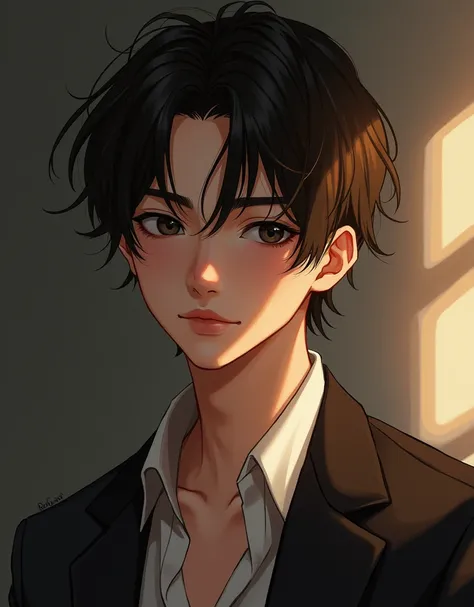 a 23 year old anime boy, (oil painting), coffee brown hair, black eyes, pale skin, detailed facial features, beautiful boy, anime style, ethereal, dramatic lighting, cinematic, hyper detailed, 8k, masterpiece, (best quality,4k,8k,highres,masterpiece:1.2),u...