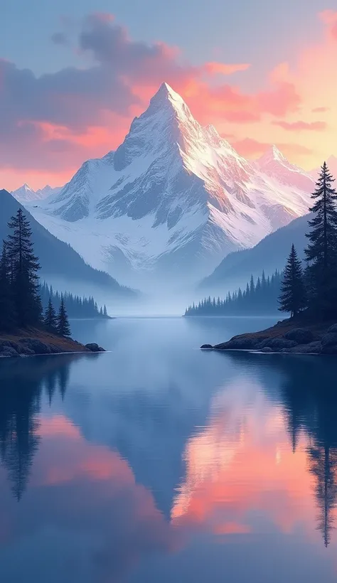 The image is a landscape painting that captures the serene beauty of nature. It depicts a tranquil mountain scene with a body of water reflecting the majestic mountains and the vibrant sky above. The mountains are covered in snow, suggesting a cold climate...