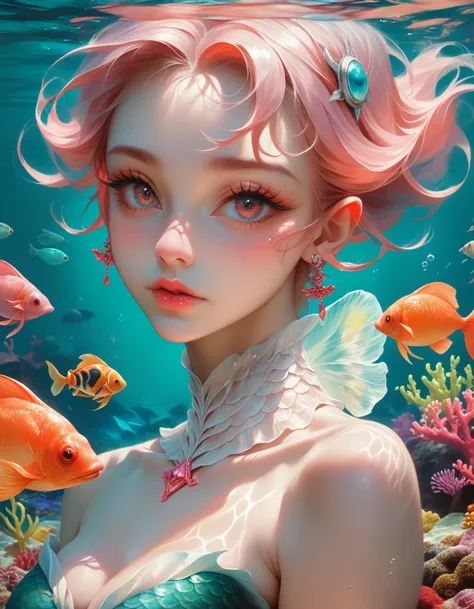 1girl, cute mermaid, anime, (hyper realistic digital art), (in oil painting), beautiful detailed eyes, beautiful detailed lips, extremely detailed face, long eyelashes, mermaid tail, underwater scene, ocean, coral reef, tropical fish, bioluminescent plankt...