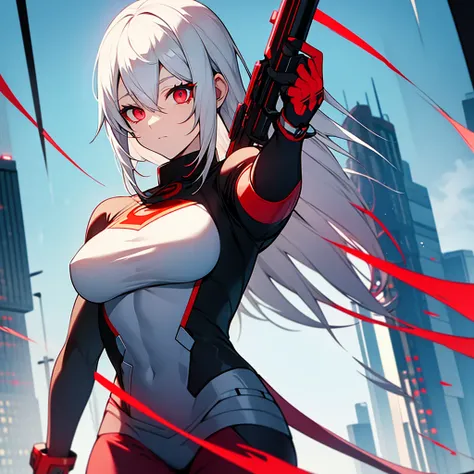 Super Girl,white hair,red eyes,Holding a red shotgun with black patterns,cyberpunk,