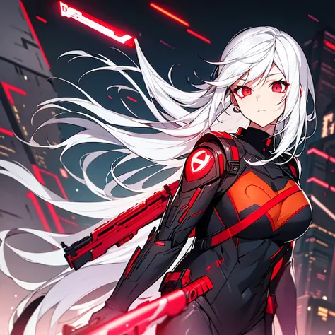 Super Girl,white hair,red eyes,Holding a red shotgun with black patterns,cyberpunk,