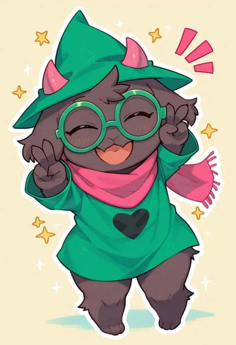  (score_9, score_8_up),furry, fur, face, Ralsei(deltarune), goat, dark fur, pink horns but green because covered by the hat, black sleeves, cute, green glasses, green hat, green shirt, standing, arms up with his hands doing the peace sign,pink scarf,closed...