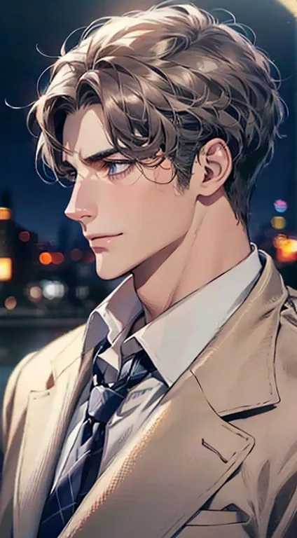 (Highest quality,4K,8K,High resolution,masterpiece:1.2),Super detailed,(Realistic,photoRealistic,photo-Realistic:1.37),1 person,31 years old,Mature Men,Beautiful skin、Profile、very handsome,Expressionless,smile,Short gray dark hair,blue eyes,Sharp Eyes,A pe...