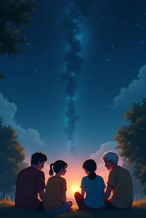 Create a realistic image of a family, They are sitting. This family has 5 adults. 2 men and 3 women. They are sitting talking.  The sky is full of stars 