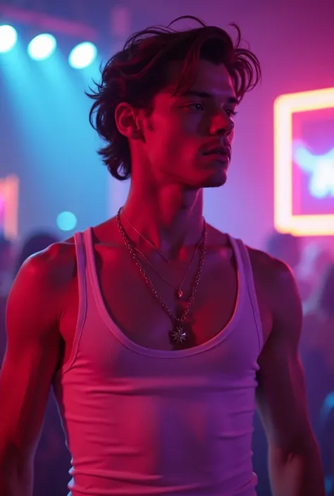 Cantor Harry Styles em uma boate cintilante, wearing a tight, low-cut white tank top, with a close-up on the seductive lines of his chest and the neon lights reflecting on his body, highlighting its charm and the vibe of the night.