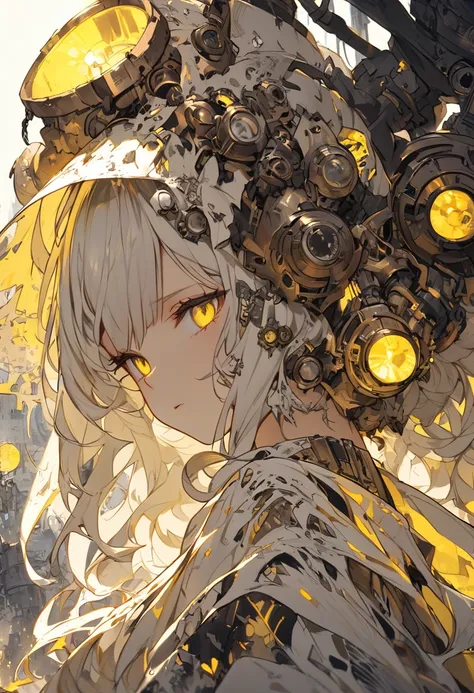 Dystopian anime-style beauty in light yellow (luminous dress) Underworld, Face down, Extreme Close-up, From the side, . dark, Post-apocalyptic, dark, dramatic, Very detailed