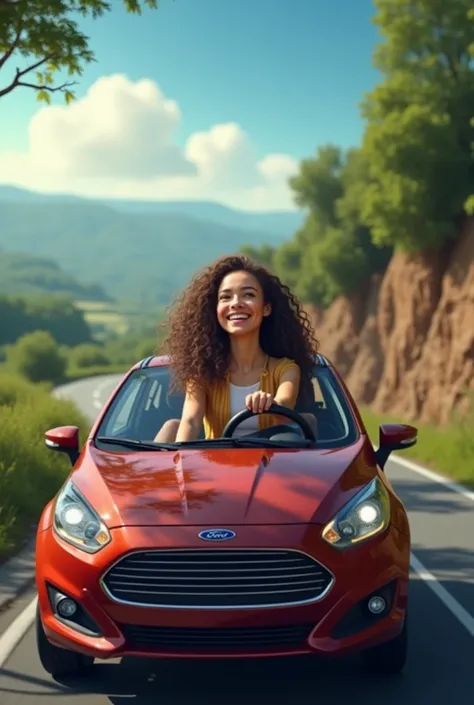 Create a realistic image of a woman driving a Ford Ka . This woman has curly hair,long and brown. This woman is happy