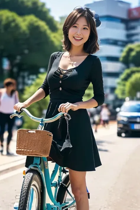 8k, RAW Portrait、1 female、 (Japanese women:1.6),masterpiece, (Realistic:1.2), Realistic, Super High Resolution, Highest quality, Photos in motion , Japanese women, 50-year-old married woman, skirt, (ride a bicycle:1.5), (Get on a bicycle:1.6), ((While ridi...