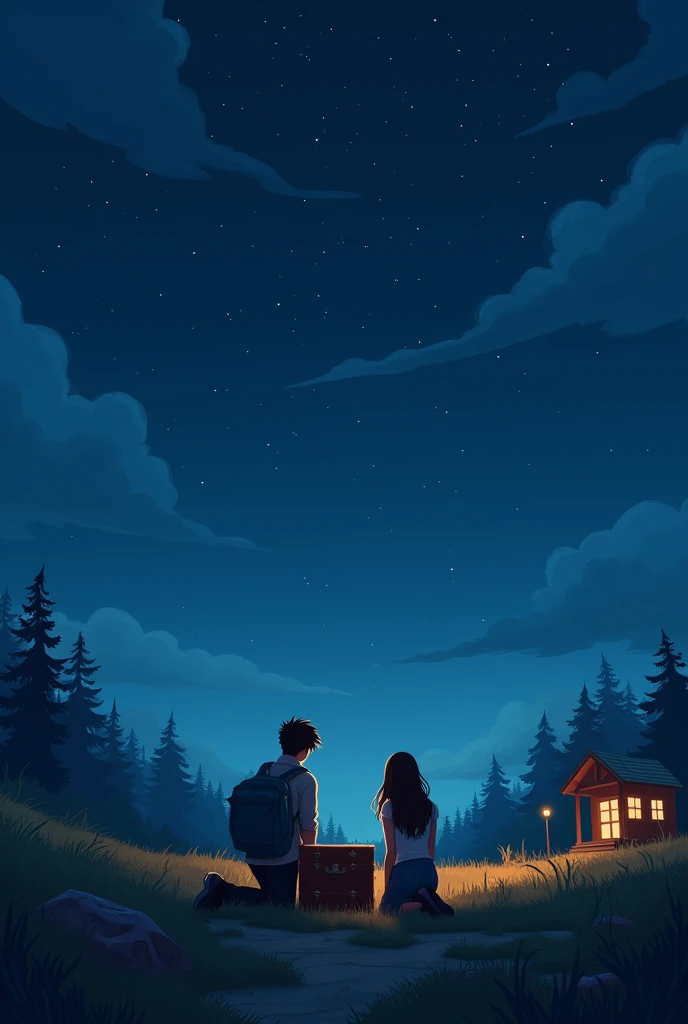 night landscape, officer, starry, camping house, a trunk, in front of the trunk a young man and a young lady kneeling and praying with their backs turned