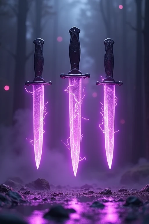 Knife floating in the air　3 copies　Clad in purple lightning　The blade is pointed towards us