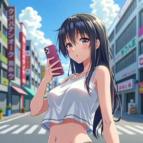 Highest quality, masterpiece, Ultra-high resolution, Very detailed, 1 person, Japanese schoolgirl, Beauty,A face as well-proportioned as a Japanese idols, Black Hair, Long Hair, White tank top,　mini skirt,　Slender body, Large Breasts, A town like Shibuya i...