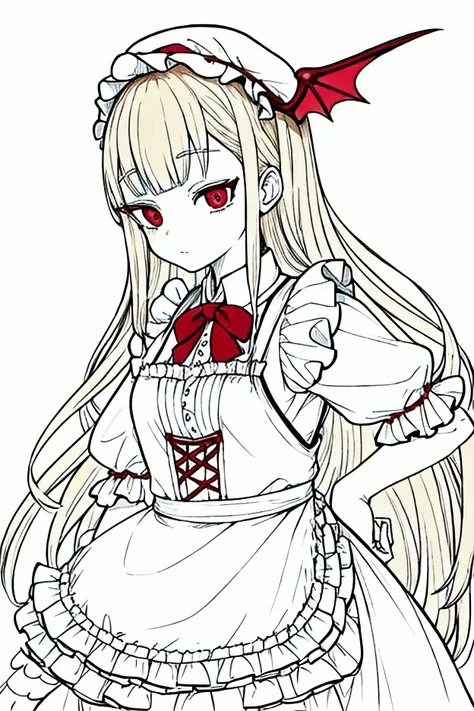 A highly detailed, manga-style illustration of a young vampire girl with blonde hair, dressed in a red dress with a white apron. She has bright red eyes and is wearing a frilly mob cap. Her wings are 