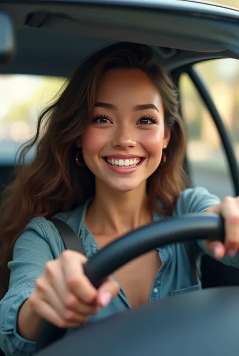 Create a realistic image of a woman driving a Ford Ka 99 . This woman has white skin, curly hair,long and brown. This woman is happy