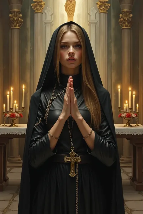 ((best quality)), ((masterpiece)), (detailed), airbrushed dream paiting style, beautiful european girl,nun, like a dream, dark eyes, very long straight ironed light brown hair combed back, leather, holding gold chain with cross, praying, nice church, big g...