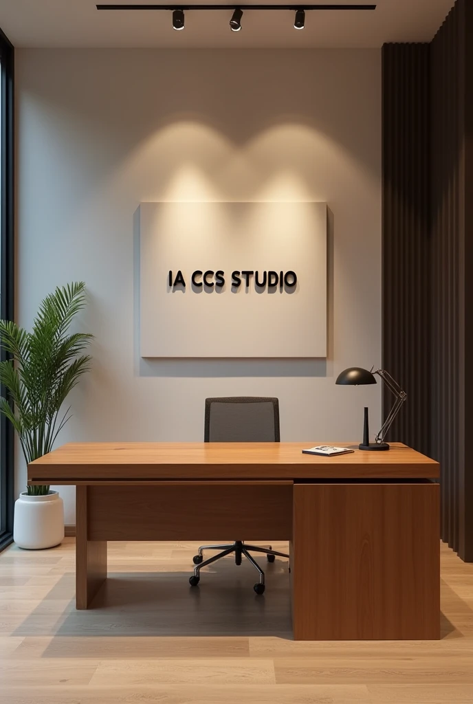 An elegantly minimalist office desk with a sign reading "IA CCS STUDIO" is the focal point of this stunning image. The sleek desk is made of polished wood, with clean lines and a modern aesthetic. The sign is simple yet bold, adding a touch of sophisticati...