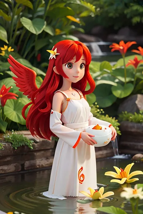 Girl in the water, Long flowing red hair, Angel Wings, orange、yellow、White lily flower